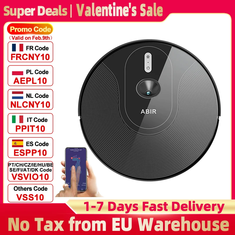 Aspirateur robot ABIR X6PRO avec système oculaire intelligent, aspiration 6000pa, mur virtuel logiciel, nettoyage de zone, désinfection par nettoyage humide, mémoire de carte, compatible avec Alexa,