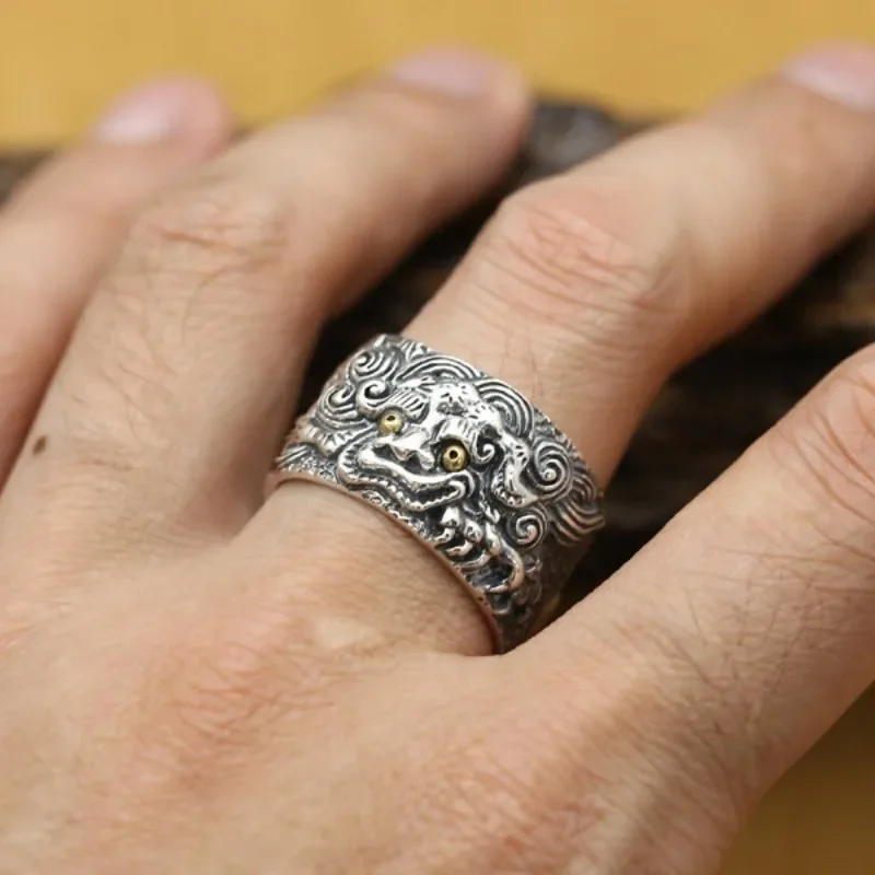 925 Thai silver domineering Embossed Pixiu mens rings trend wide size hip-hop style retro ring charms banquet fine jewelry
