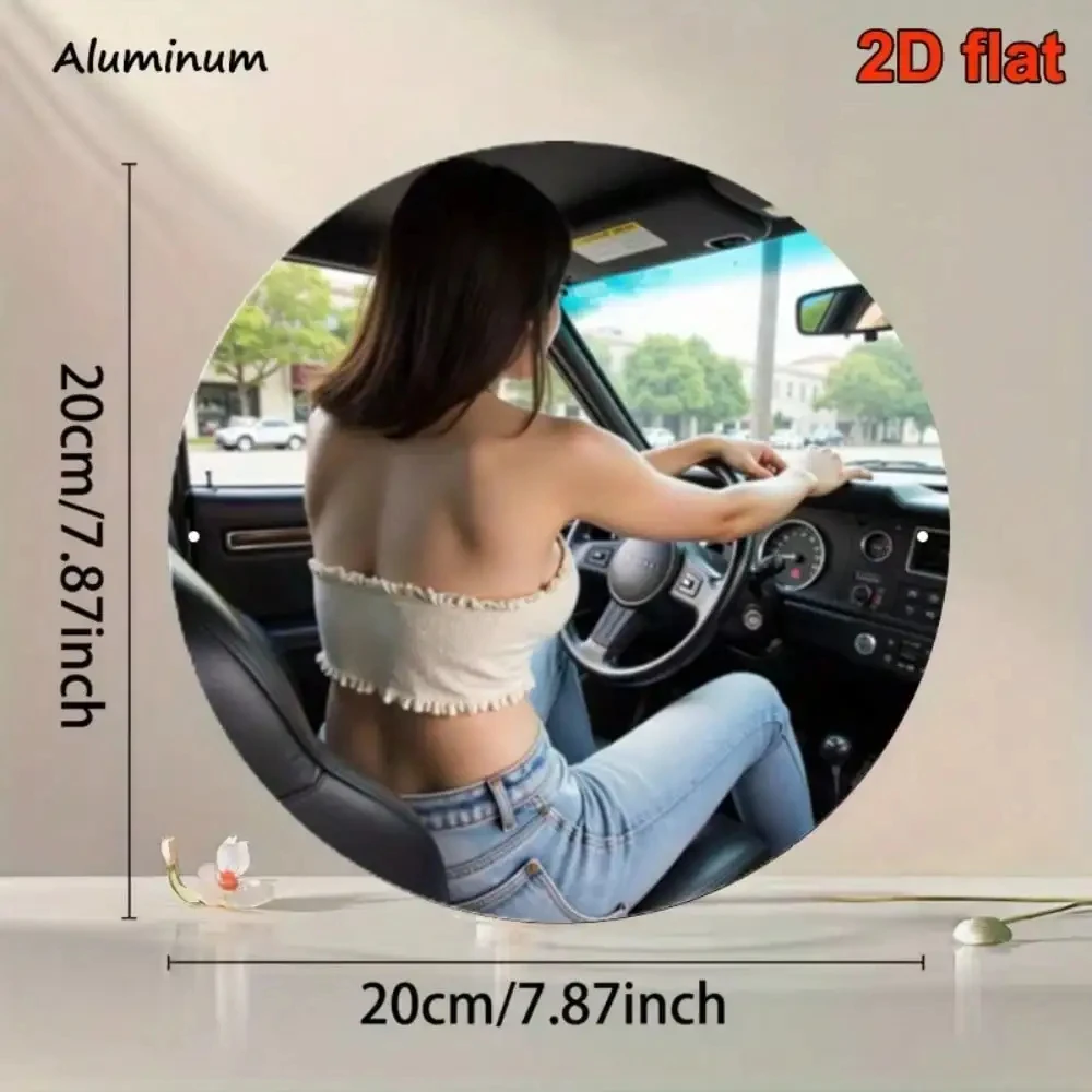 2D Flat Hd Metal Wall Art Sexy Back View of Girl Driving Car Beautiful Woman in White Tube Top and Blue Jeans Back View