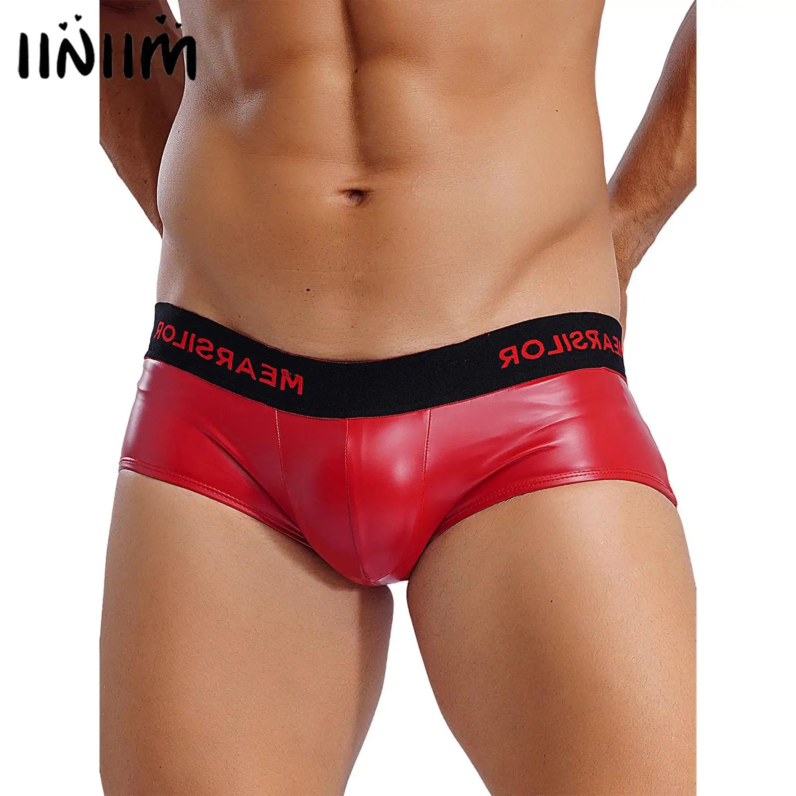 Mens Latex Boxer Shorts Beach Pool Swimwear Letter Print Waistband Pouch Briefs Underwear Swimming Trunk Pole Dancing Clubwear