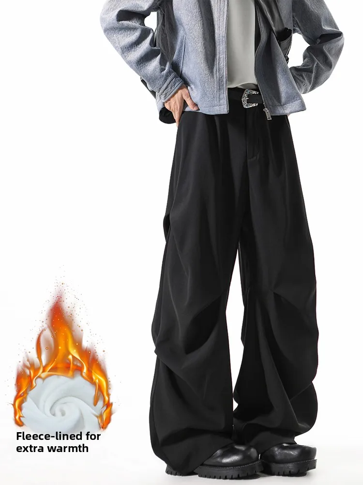 

American Folded Wide Leg Pants Men Winter Trendy Heavyweight Warm Comfortable Loose Straight Drapey Wide Leg Trousers Men