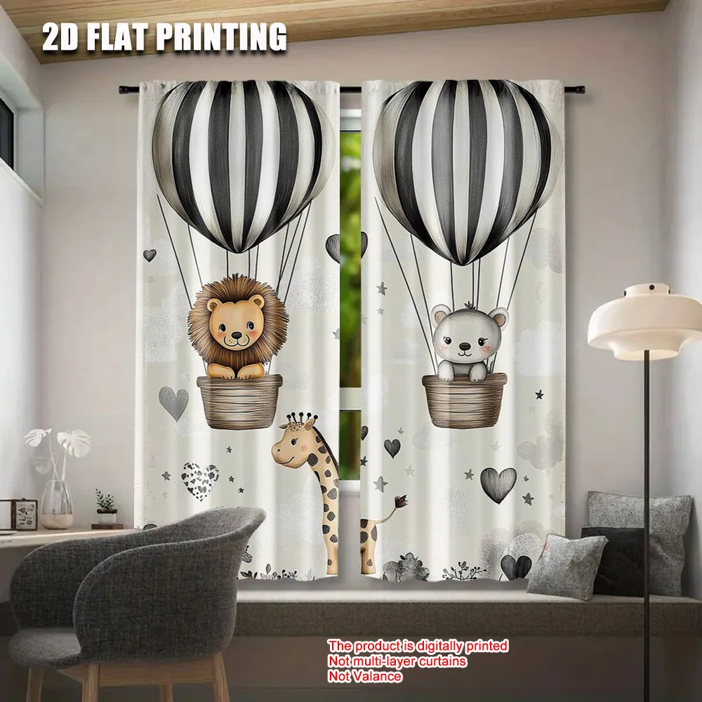2pcs 2D flat printing Curtain Animal Nostalgia Experience Happy Stories of Animal Friends Giraffes Lions Versatile Fabric