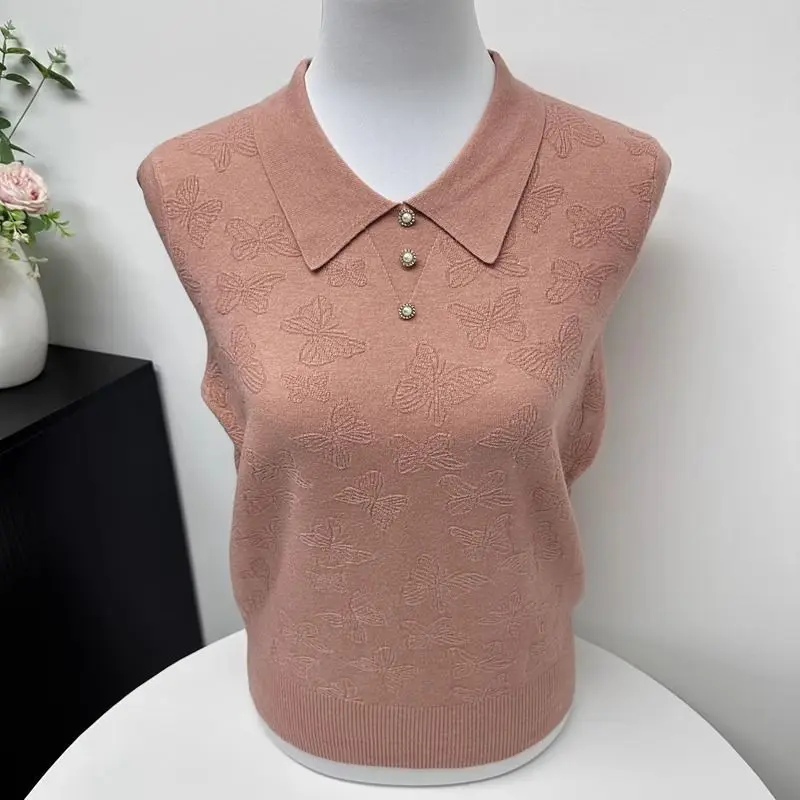 Women Mom Peter Pan Collar Knit Top Butterfly Jacquard Long Sleeve Loose Middle Aged Ladies Blouse
