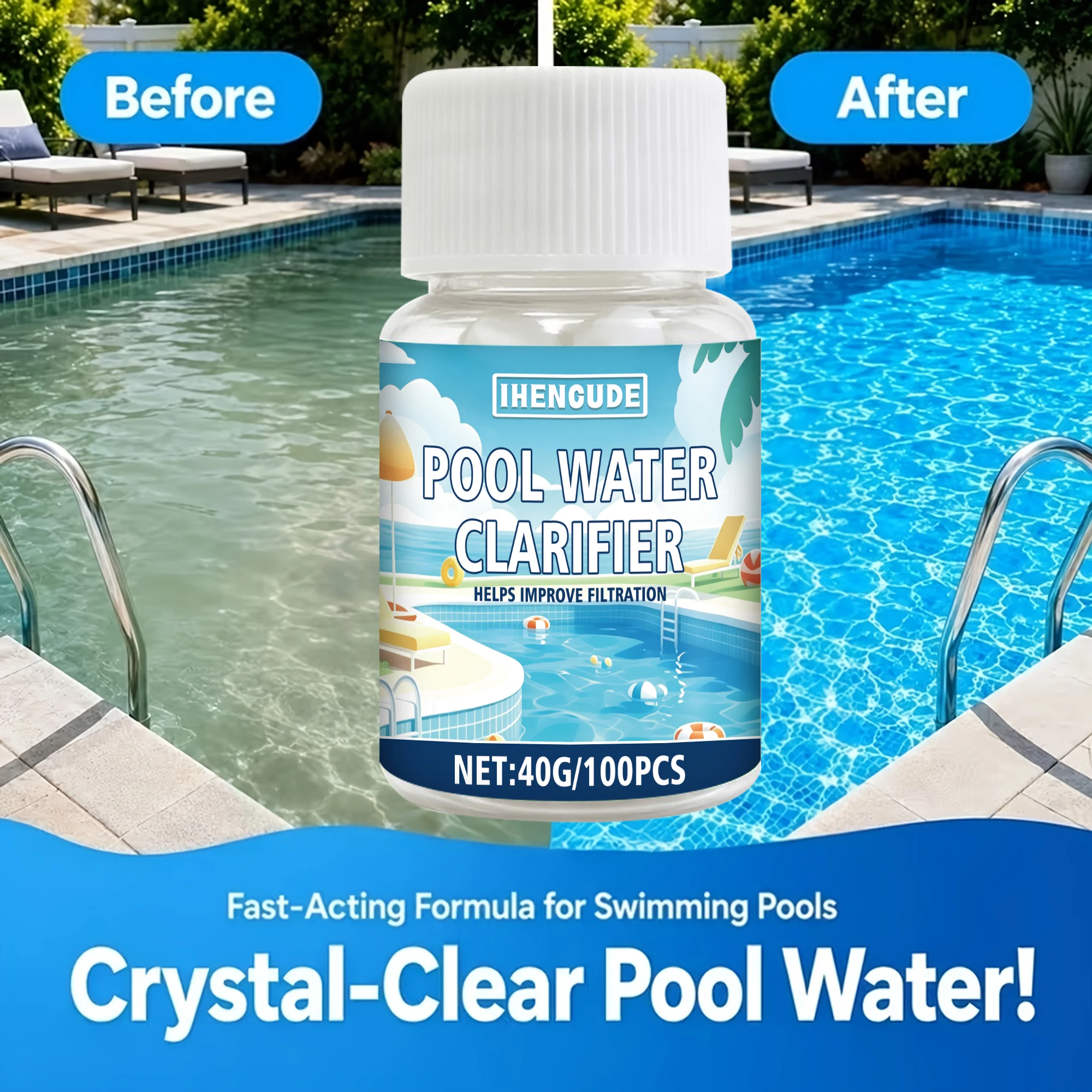 Water Purification Tablets |   Water Purifier Suitable for Swimming Pools, Spa Pools, Hot Tubs, Fountains, and Water Features, Effectively Reduces Water Turbidity, Fine Particles, and Cloudiness, and Restores Water Clarity.