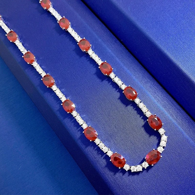Silver Color 7*9mm Oval Cut Red Cubic Zirconia Chain Necklaces for Women Vintage Simulated Ruby Chokers Necklace Wedding Jewelry