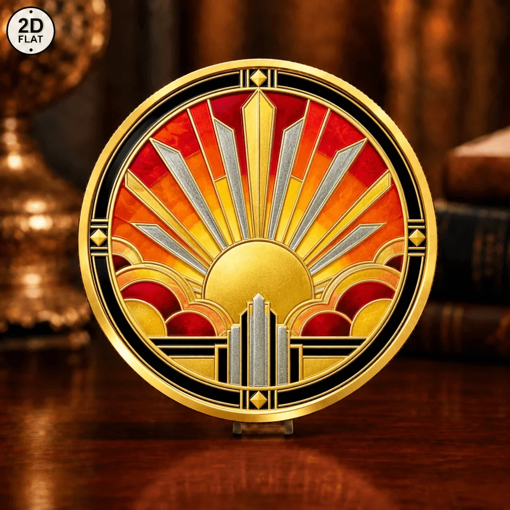 1pc Art Deco Sun Skyscraper Challenge Coin Color Print Vintage Geometric Architecture Commemorative Medal Gift for Art Lovers