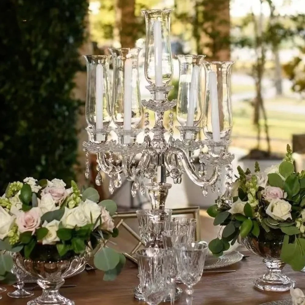 5pcs) 5 Amrs Candlestick Candelabra clear Candlestick Holder Glass Table Candlestick Centerpiece