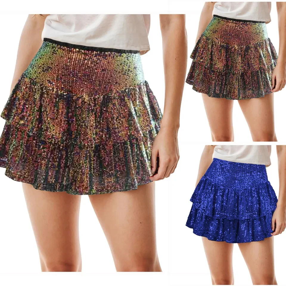 Women'S Sequin Mini Skirts With Shorts Cute High Waist Sequin Ruffle Flowy Glitter Short Skirts Night Out Club Party Wear