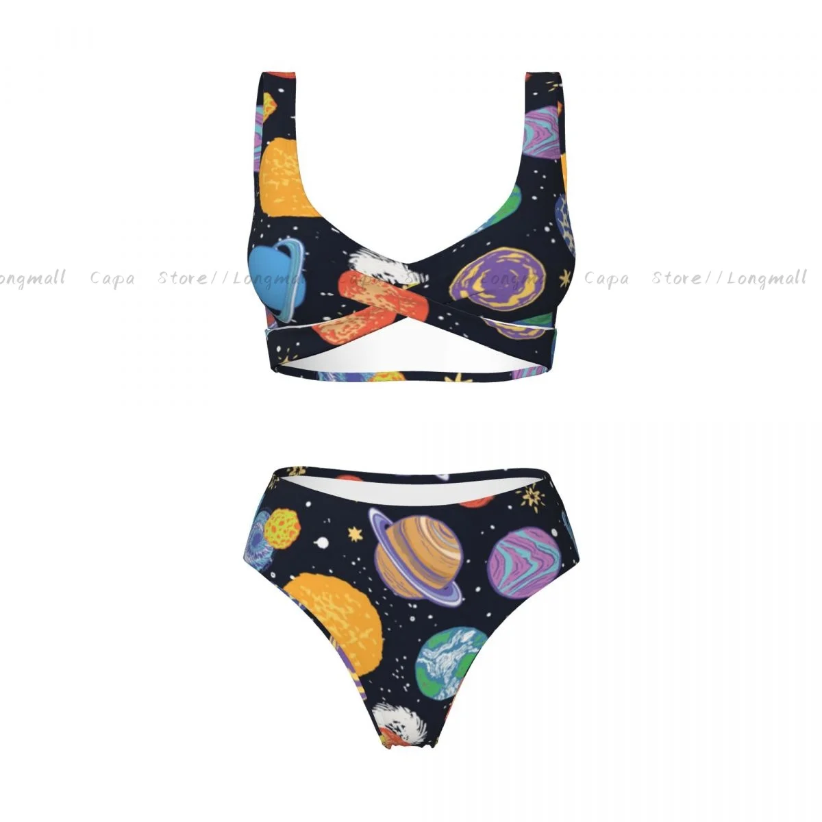 Letnie damskie bikini z dekoltem w kształcie litery V planety i gwiazdy ilustracja stroje kąpielowe damskie 2-częściowy strój kąpielowy na plaży