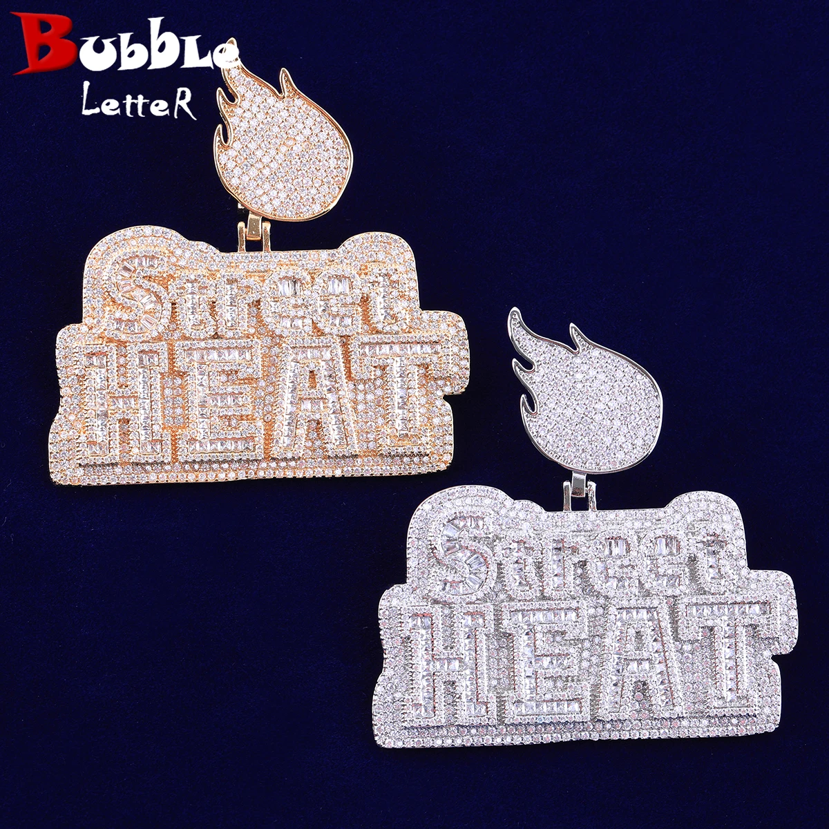 Bubble Letter Iced Out Street Heat Necklace Pendant for Men Micro Pave Fire Bail Real Gold Plated Hip Hop Jewelry