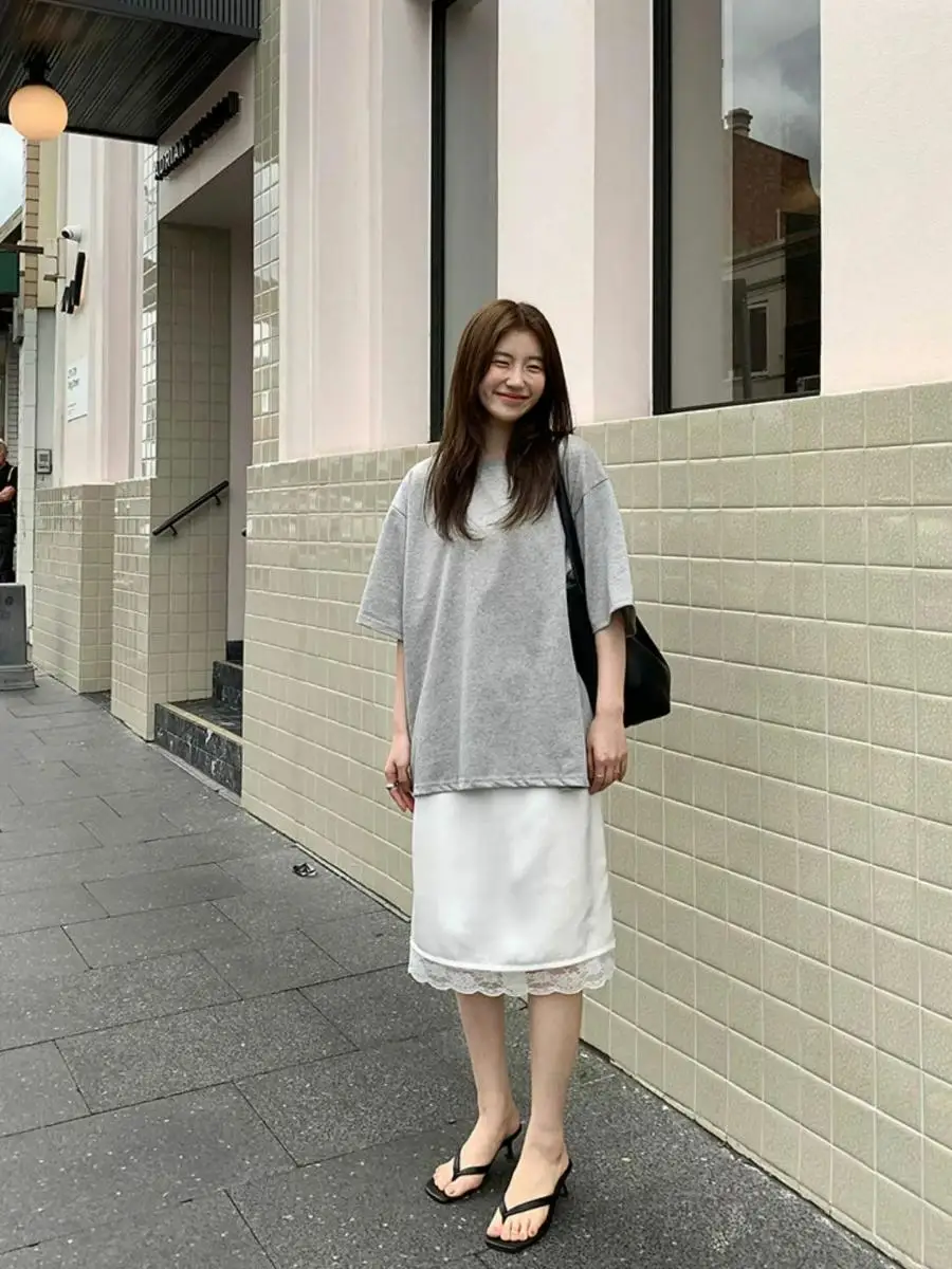 Summer Dongdaemun Drapey Satin Lace Panel Midi Straight Skirt Women's High Waist Half Skirt Quick Delivery Youth Casual Skirt