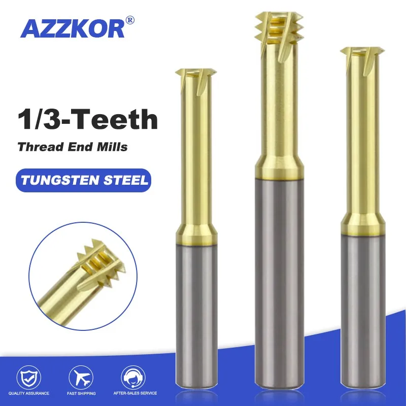 AZZKOR HRC65 Tungsten Steel Single/3-Tooth Thread Milling Cutter Stainless Steel Titanium Alloy Micro Diameter End Mill Tools