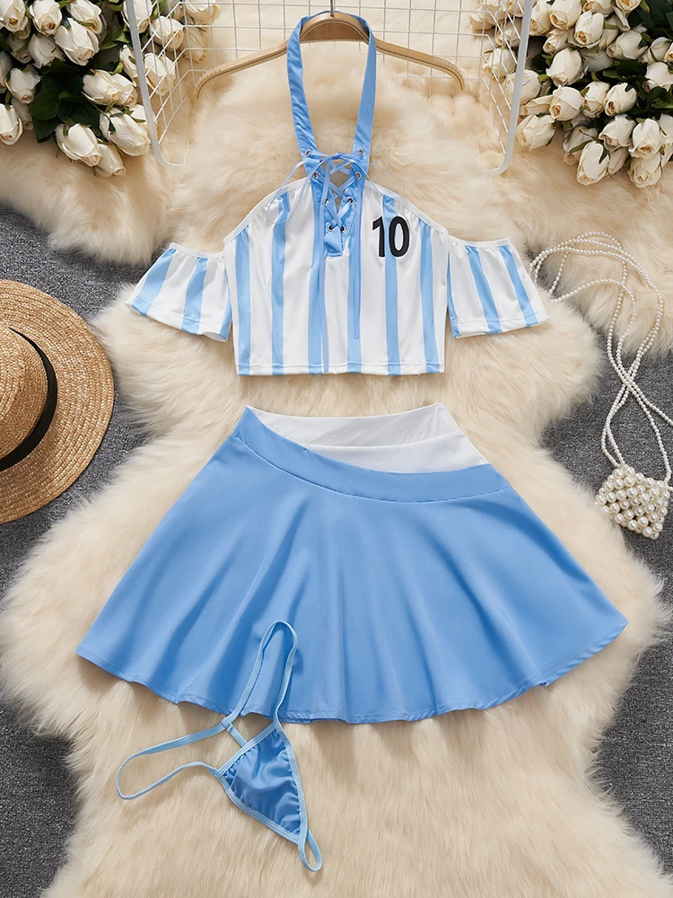 

Football Cheerleading Uniform 3-Pieces Suits Short Skirt Women Clothes Lace-up Neck-mounted Stripe Crop Top Sexy Sets Sporty New