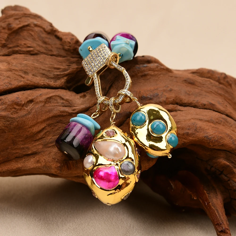 

G-G 18'' Natural Mix Color Rose Agate Abacus Blue Turquoise Slice Necklace Baroque Pearl Pendant