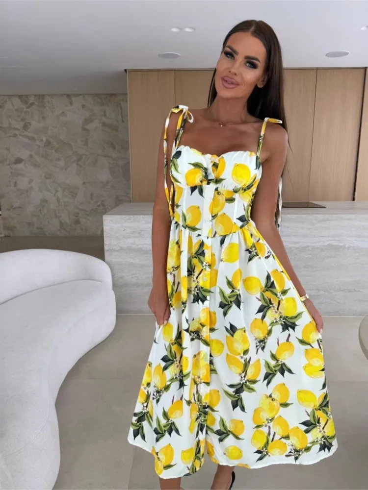 

Fashion Elegant Midi Dress Women Summer New Style Self-contained Chest Pad Suspender Printed Waist-hugging Single-breasted Dress