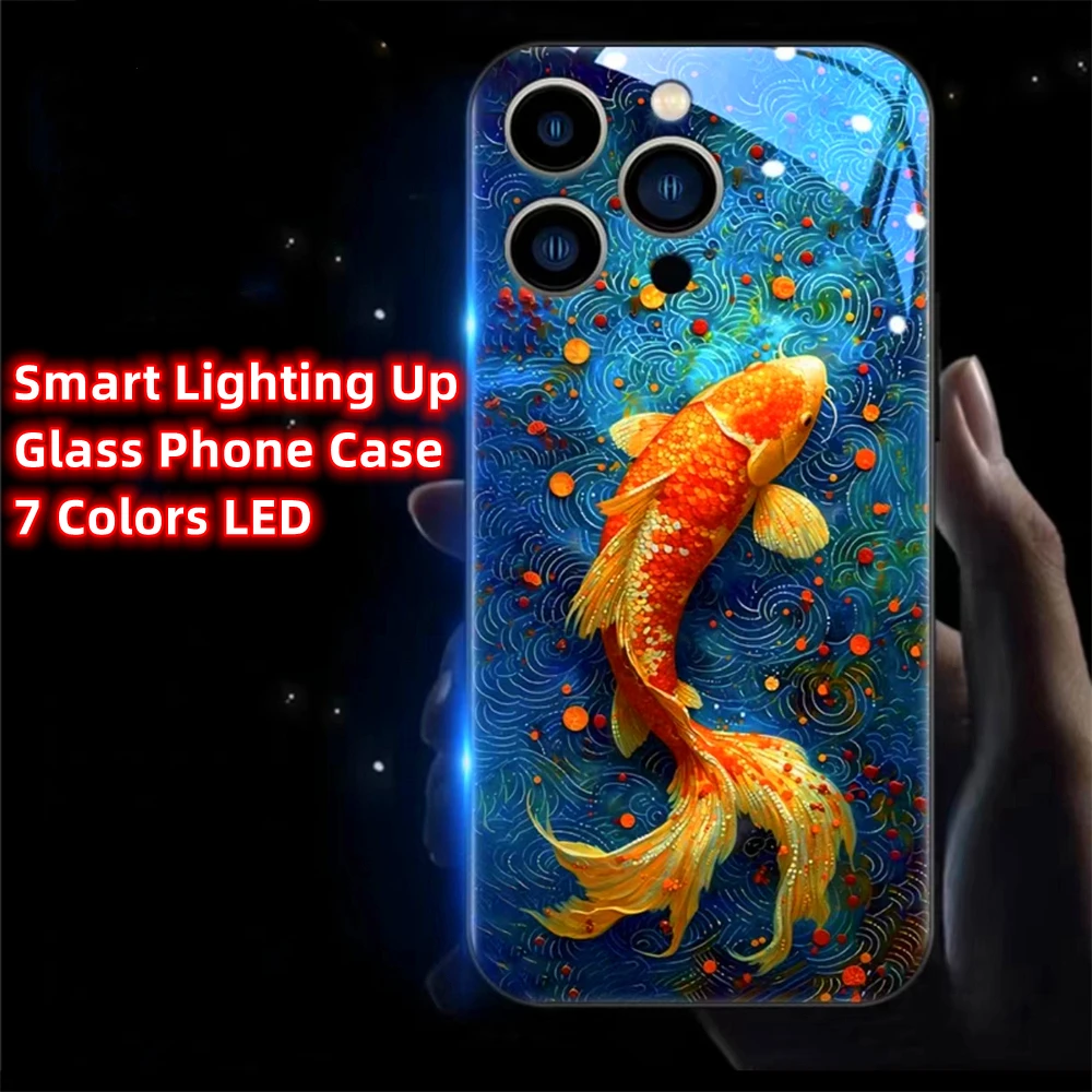 Colorful Lucky Carp Sound Control LED Flash Cases Luminous Glass Cover For Samsung S25 S24 S23 S22 S21 S20 FE Note 20 Plus Ultra