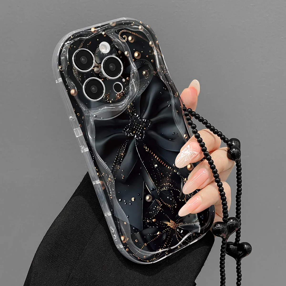 Coque de téléphone gothique noire avec nœud et cordon pour iPhone 17 16 15 14 13 12 Pro Max, étui avec dragonne pour iPhone 17 Pro Max 11