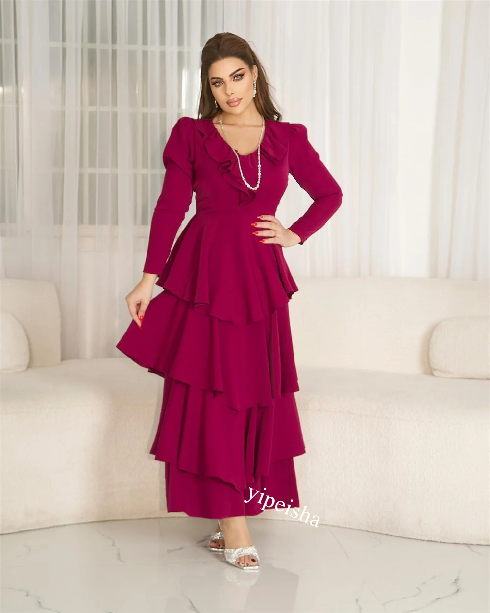 Vestido de baile com decote em v para mulheres, Arábia Saudita, Jersey drapeada, Vestido de baile sereia, Vestidos escalonados, Dia dos Namorados, Vestido personalizado