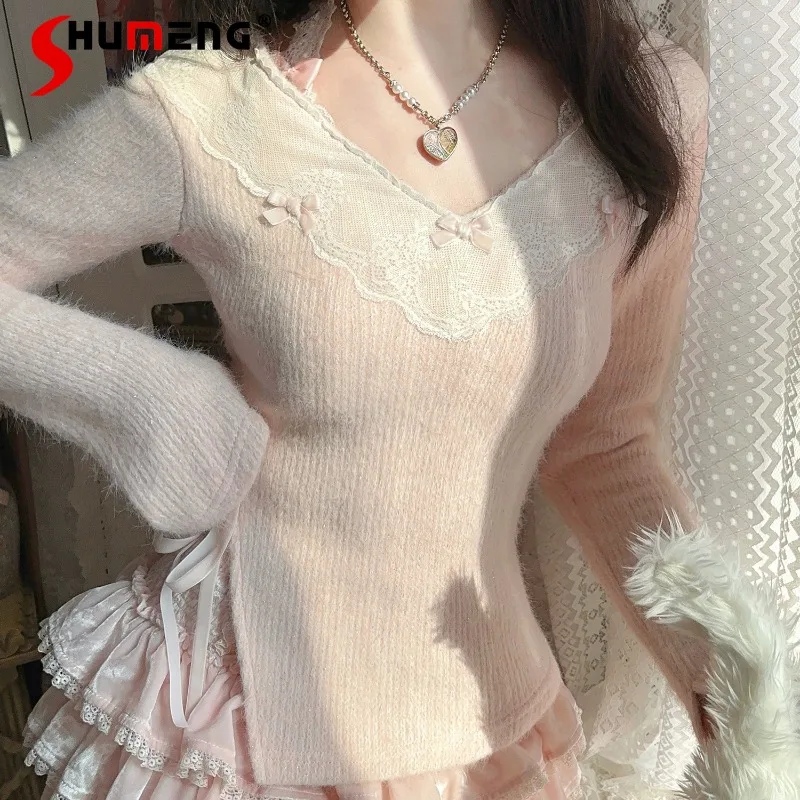 

Japanese Lolita Style Winter Slightly Sweet Plush Knitted Lace Split Sweater Pullover Pink Long Sleeves Slimming Sueter Mujer