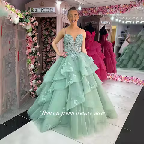 Flowers A Line Party Dress Applique Evening Dress Puffy Princess Gowns Lace Up Prom Gowns Vestido De Novia Customized
