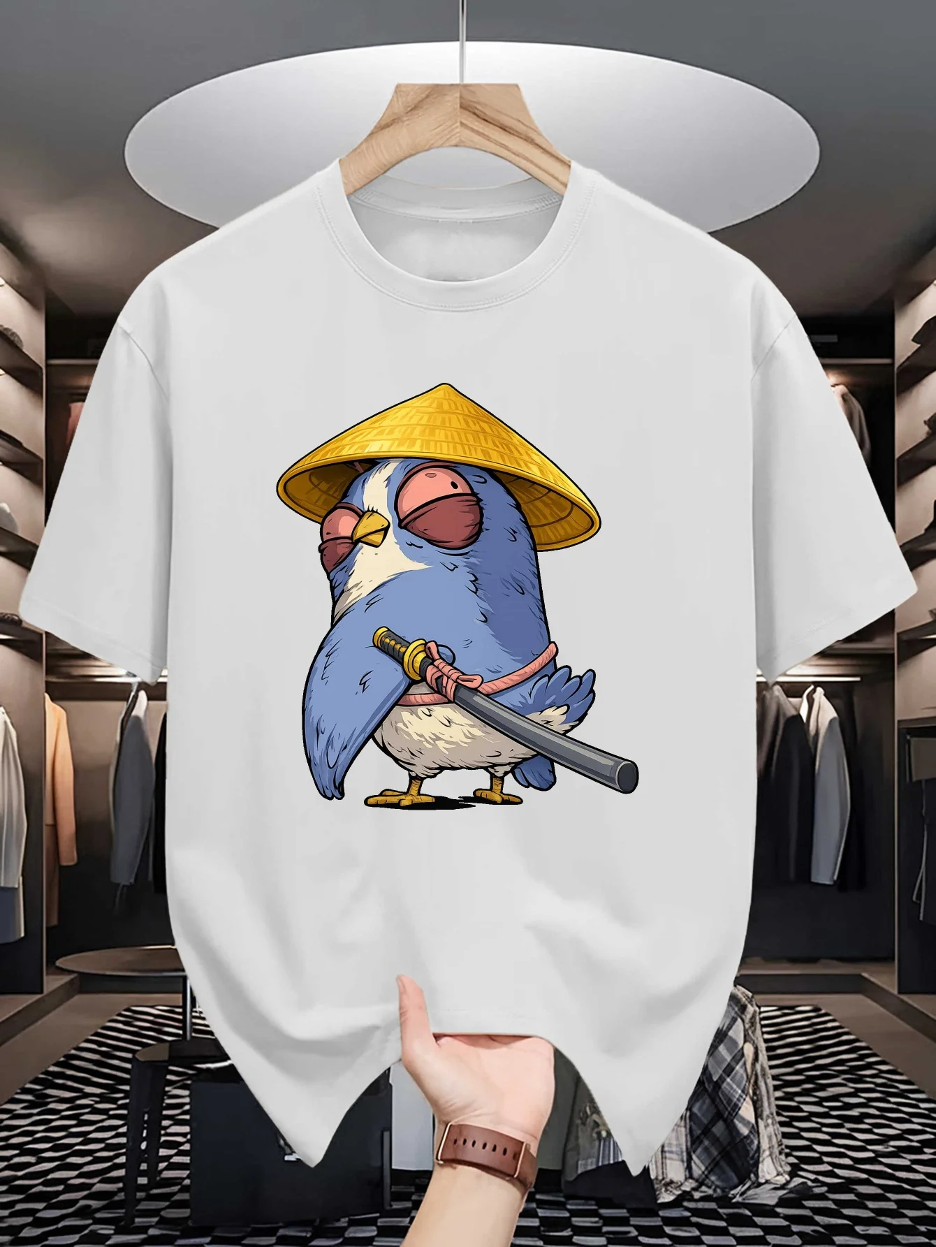 Samurai Bird Mens Crew Neck T Shirt Blue Warrior Bird Straw Hat Katana Japanese Cartoon Graphic Short Sleeve Casual Street Tops