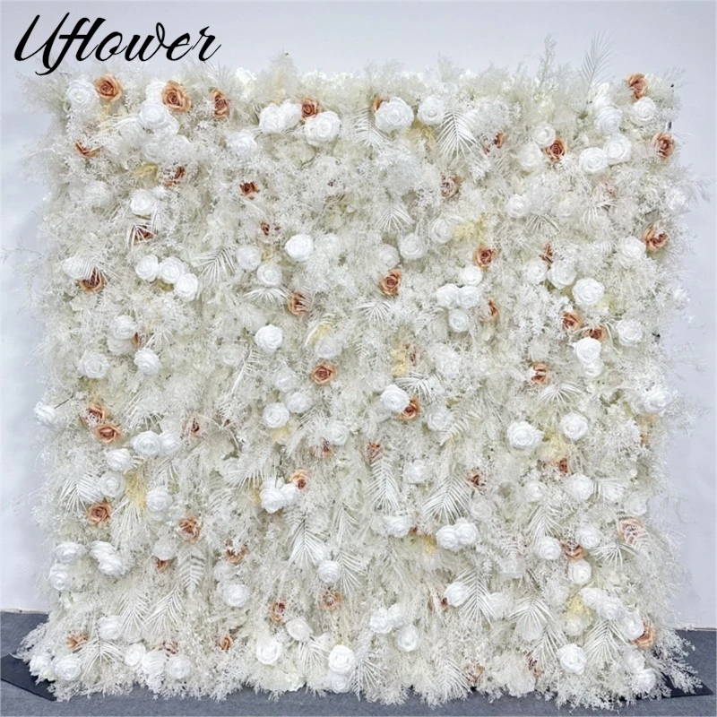 

Uflower White Rose Reed 5D Cloth Flower Wall Wedding Backdrop Fabric Hanging Curtain Floral Window Display Party Event Props
