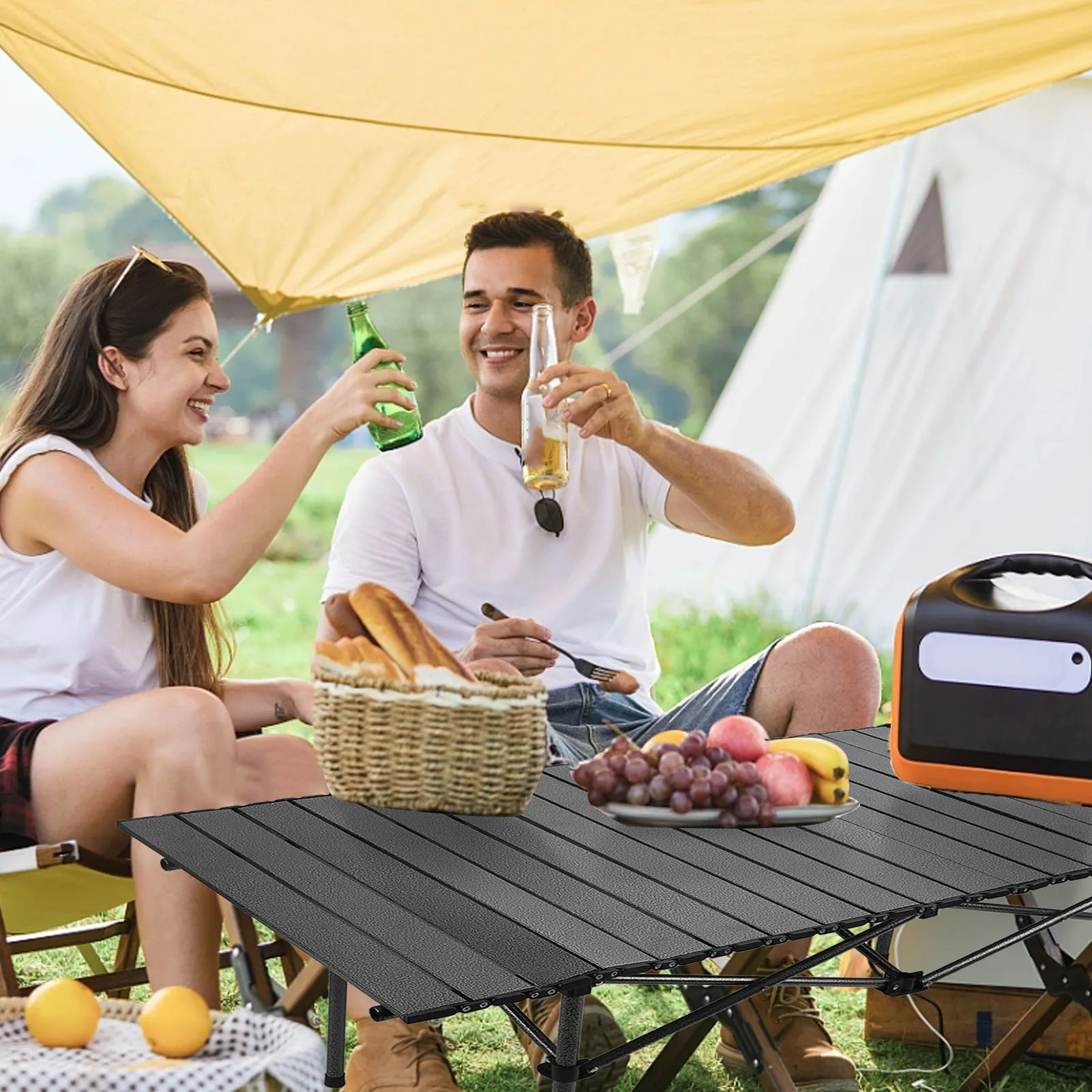 

Folding Camping Table Carbon Steel Spacious Storage Basket 47.24in Portable Roll Up Outdoor Table with Carrying Bag for Indoor