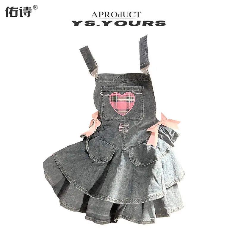 2024 Summer Bow Denim Strap Skirt for Women Harajuku Sweet Style Korean Edition A-line Puff Short Skirt Women Clothing