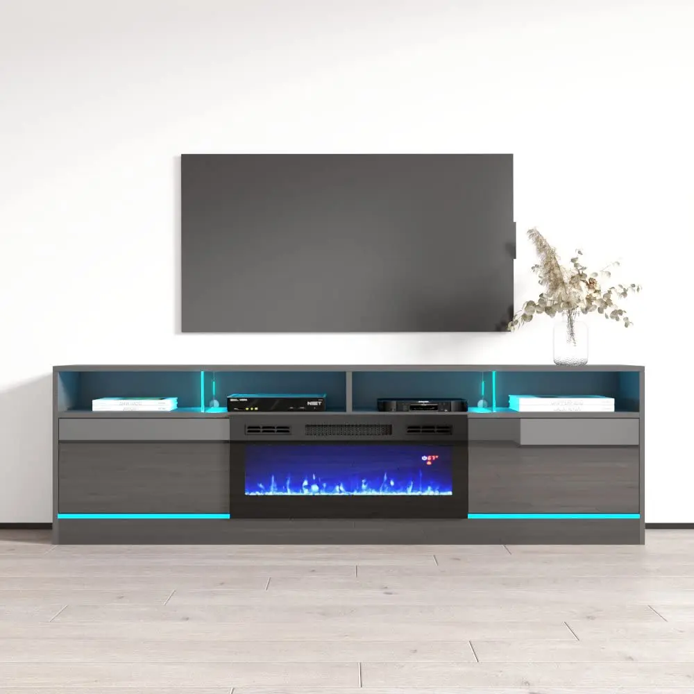 Electric Fireplace TV Stand 16-Color LED High Gloss & Matte Finish 79 Inch Grey, Customized