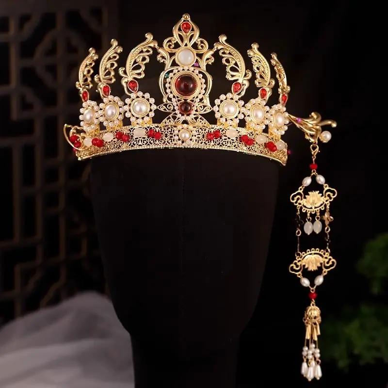 Ancient Style Women's Gold-plated Flower Beaded Hair Crown Chinese Headwear