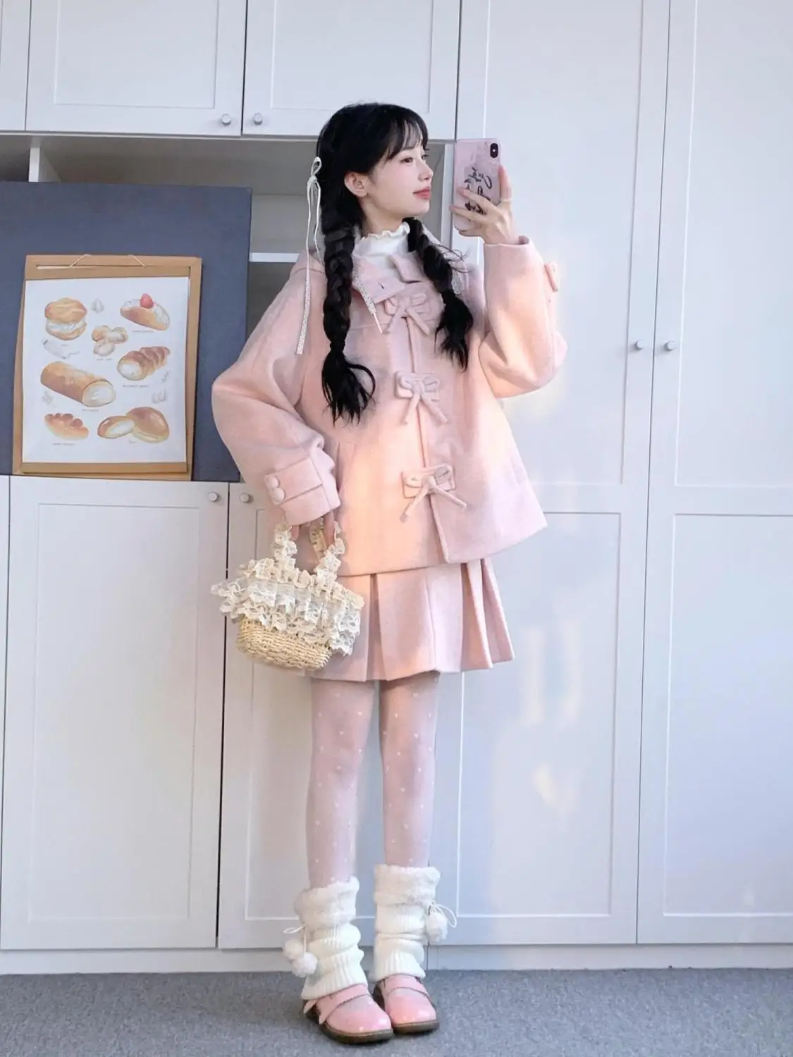 

Japan Winter New Sweet Pink Hooded Bow Woolen Coat Suit Pleated Skirt Two-Piece Suit