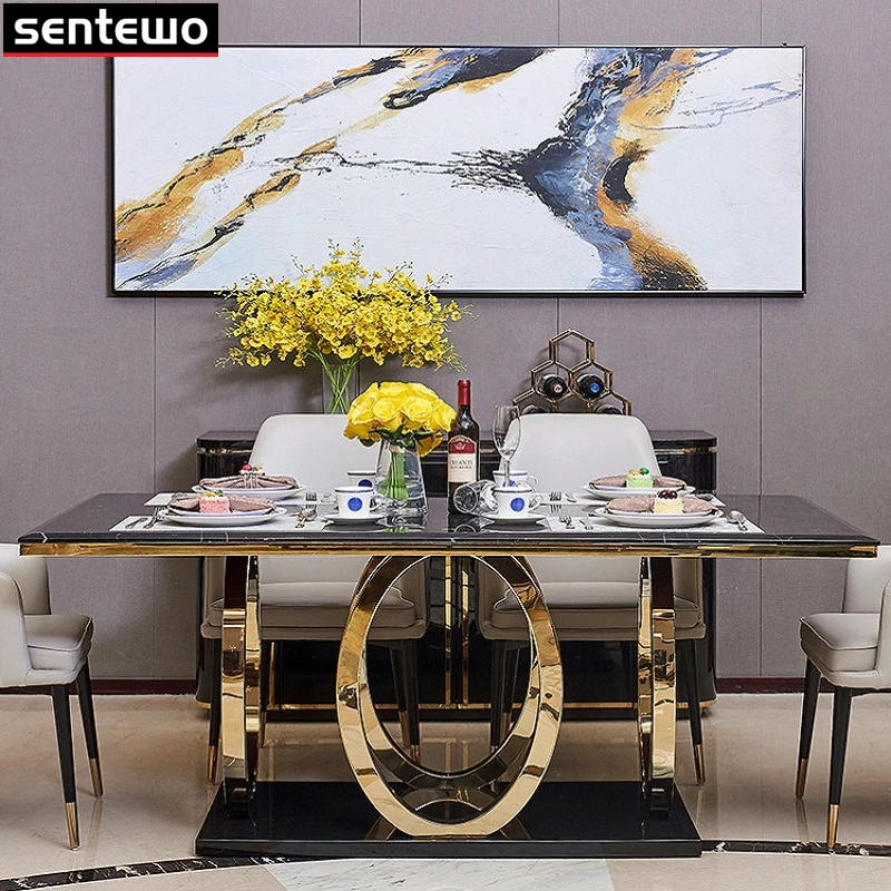 Luxury Dinner Room Marble Rock Slab Dining Table Set 6 Chairs Mesa De Jantar Comedor A Manger Eettafel Stainless Steel Gold Base