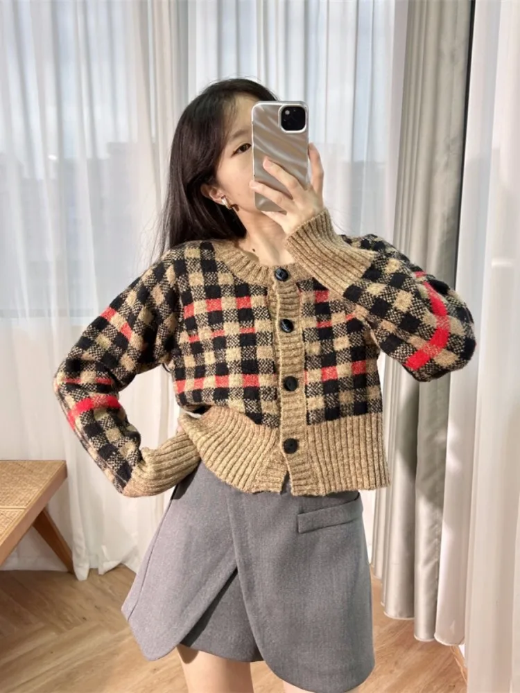 Vintage Women Autumn Mixed Colors Plaid Wool Sweater Coat O Neck Single Breasted Slim Fit Knitwear Cardigan Retro Casual Outwear