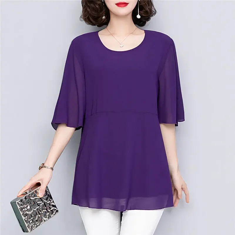 Summer New Chiffon Loose Shirt Tops Round Neck Short Sleeve Solid Color Loose Irregular Blouse Casual Fashion Women Clothing