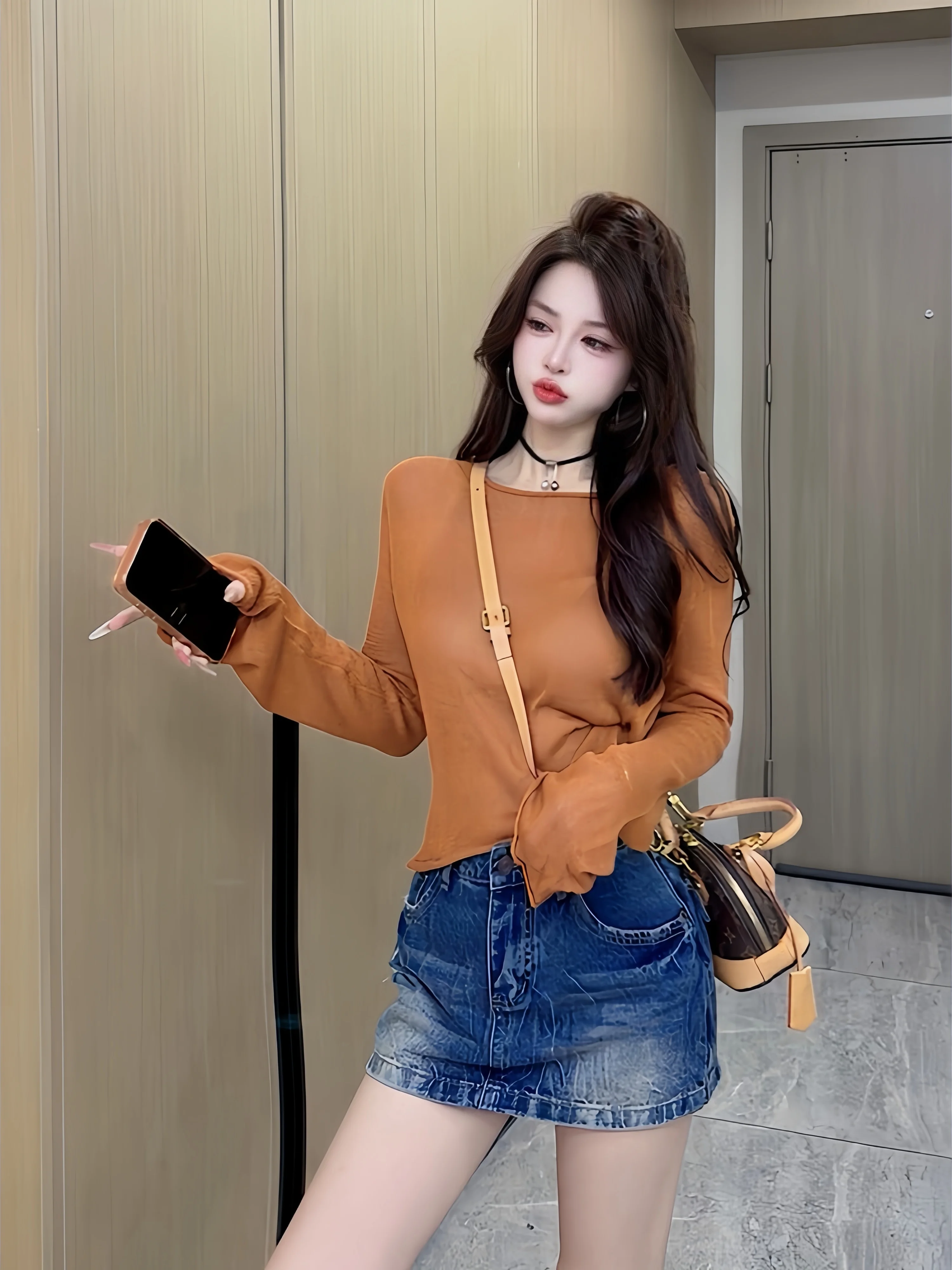 Loose Fit Long Sleeve Knitted T-Shirt Women's Early Autumn Style Lazy Loose Feeling Bell Sleeve Lightweight Sun Protection Top