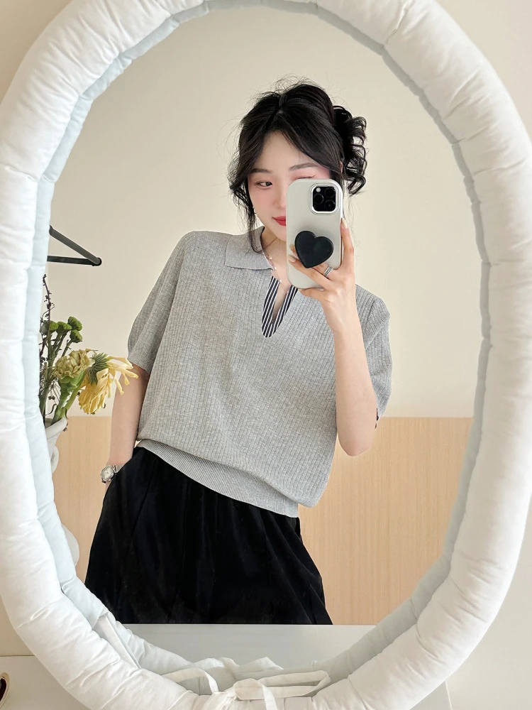 

Весенне-летний красный вязаный свитер с V-образным вырезом для женщин, универсальный повседневный свободный крой SweetAnnie