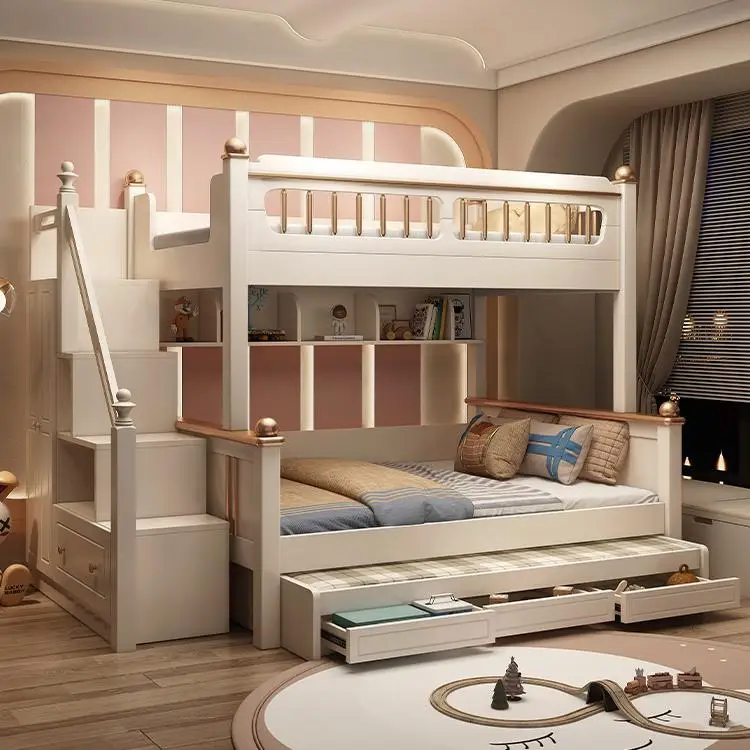！@Bunk Bed High and Low Bed for Boys and Girls Cream Style Solid Wood Double Layer Bed with Slide Multifunctional