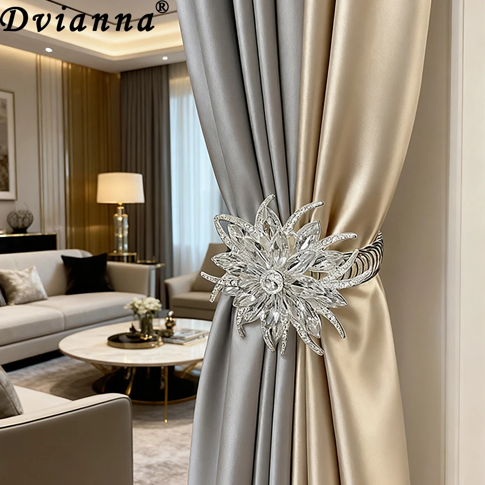 2PCS Silver Floral Crystal Curtain Tiebacks, Adjustable Opening Design, Metal Window Decor for Living Room Bedroom Windows