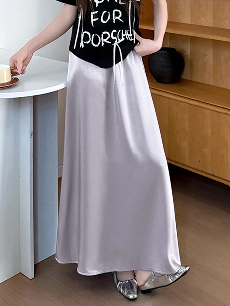 

Women's Summer High Waisted Satin Acetate Skirt - Korean Effortless Chic Flowy A-Line Mermaid Skirt Slimming Midi Skirt