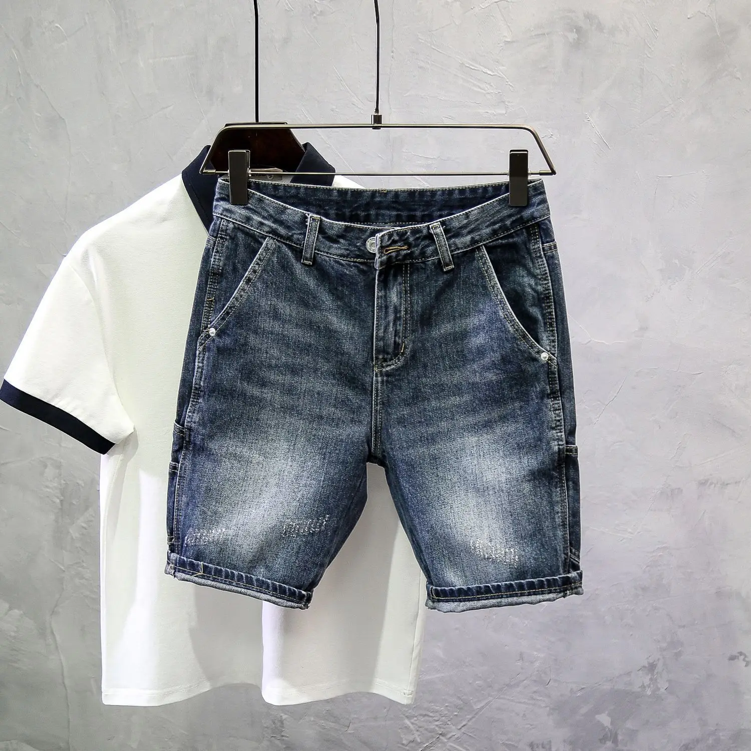 2025 ใหม่Denim Men's Slim-Fittingแฟชั่นรอยขีดข่วนกางเกงแบรนด์อินเทรนด์Heavyล้างห้าจุดกางเกงกางเกงยีนส์กางเกงขาสั้นสําหรับman