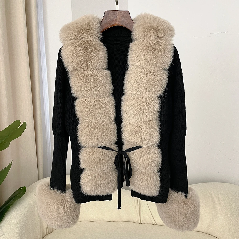 Detachable Collar Jacket Fur Knitted Cardigan Faux Fur Coat Patchwork Knit Sweater Bandage Autumn-winter Women\'s Fur Cardigan