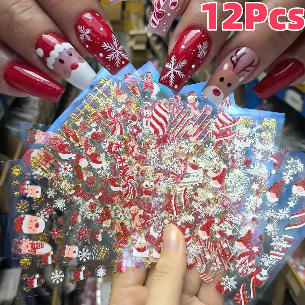 12Pcs 5D Red Glitter Christmas Nail Stickers Santa Claus,Snowman,Snowflake,Elk Adhesive Nail Decals Winter Xmas Manicure Sliders
