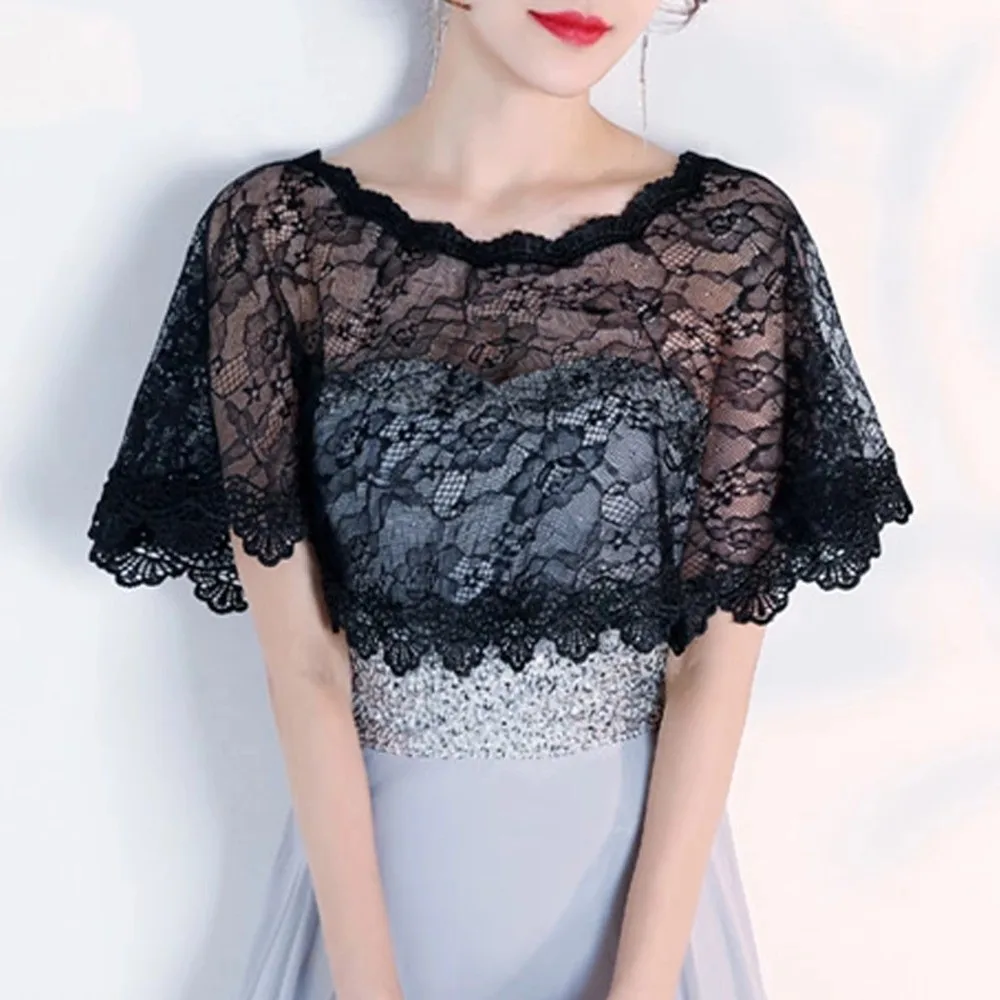 

Sweet Hollow Out Lace Cover Up Tops Elegant Retro Lace Shawl Poncho Exquisite Mesh Lace Neckline Daily