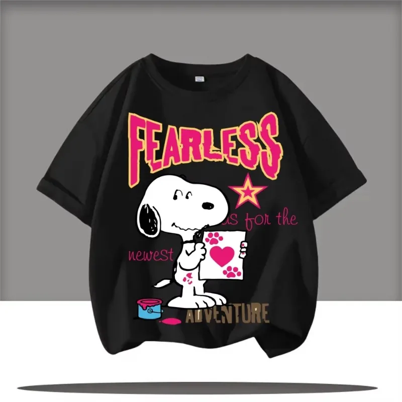 2026 صيف جديد شبكة مستديرة الرقبة تي شيرت تشارلي براون و سنوبي الكرتون أنيمي الأطفال الشارع العلوي القطن الخالص قصيرة الأكمام