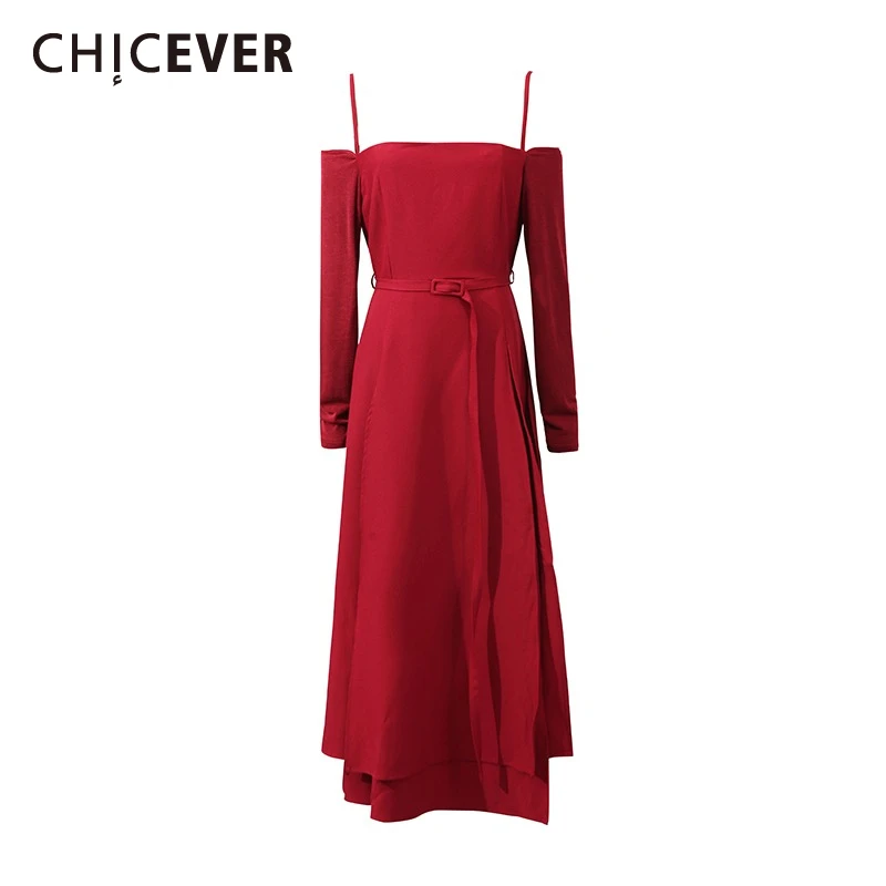 

CHICEVER Solid Slim Irregular Hem Dresses for Women Square Neck Off The Shoulder Long Sleeve High Waist Vintage Dress Female New