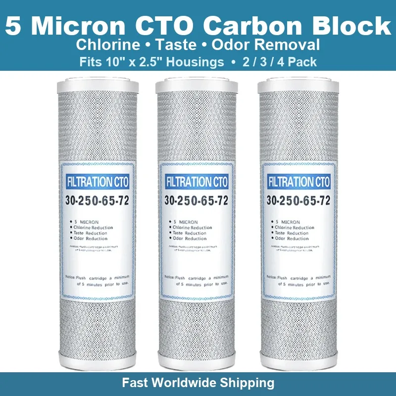 10 X 2.5 Inch CTO Activated Carbon Block Water Filter Cartridge, 5 Micron, 1-4 Pack for RO and Whole House Systems