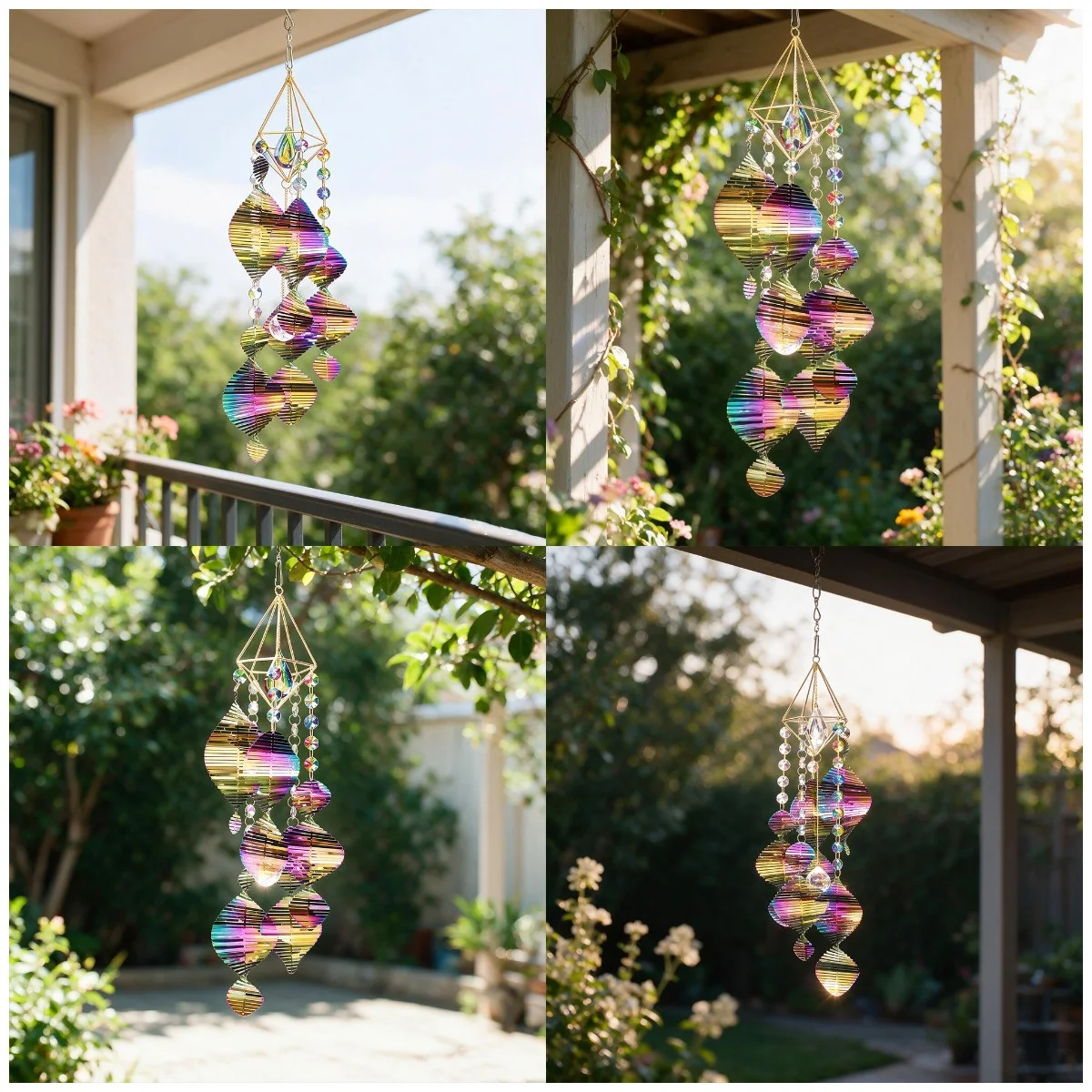 Rainbow Crystal Wind Chime Suncatcher Iridescent Leaf Disc Gold Frame Prism Bead Garden Window Patio Outdoor Decor Ornament 52cm