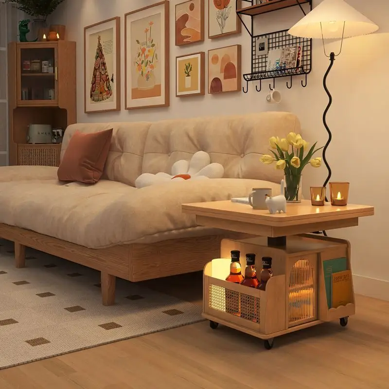 Table basse élévatrice en bois massif, chariot mobile, table à thé pliante, multifonctionnelle, côté canapé de salon