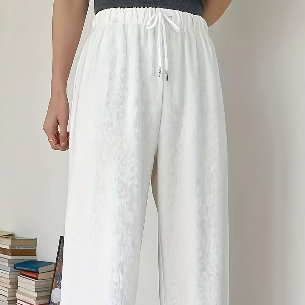 Fashion Women's Solid Color Long Pants Drawstring Design White Wide Leg Trousers Joggers Loose Fit Casual Streetwear Pant