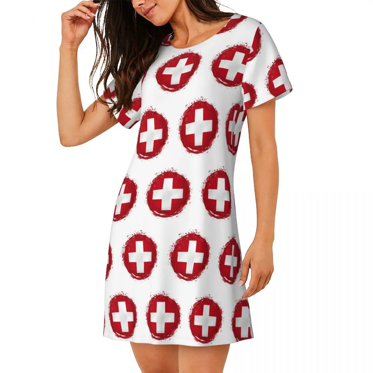 Custom Swiss Switzerland Flag Short Sleeves Nightdress For Sleeping Sleepshirts Women Short Sleeve Nightgowns Soft Pajama Dress